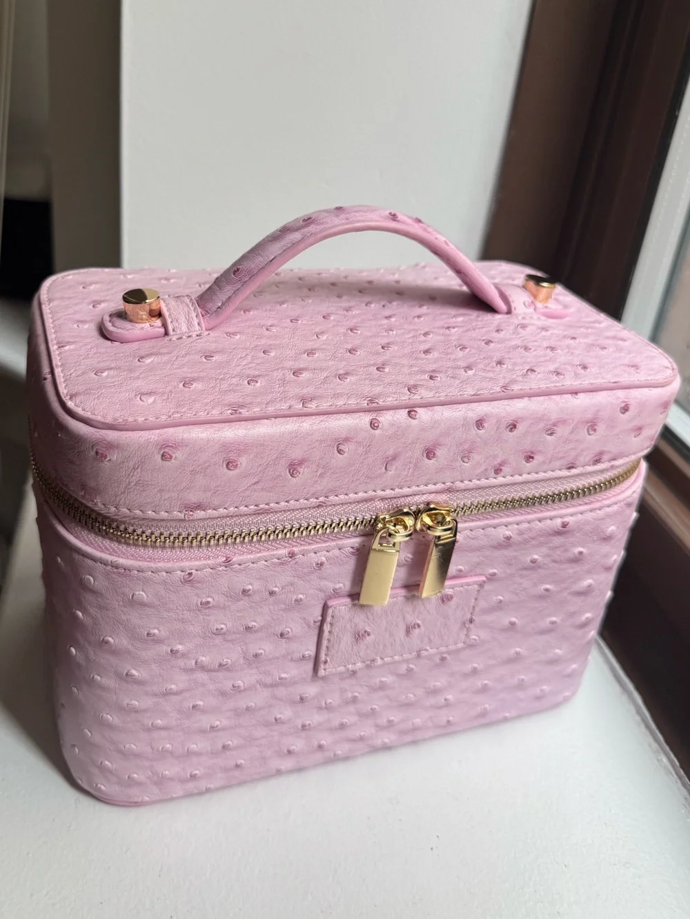 New w/Tags Ostrich Pink Structured Travel Makeup Case with Top Handle